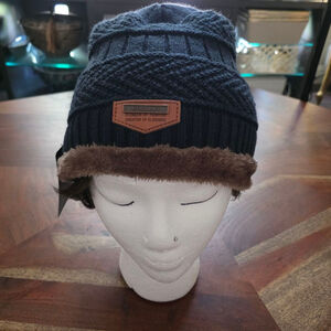 Women's HINDAWI One Size Black Knit Beanie Hat with Brown Faux Fur Lining